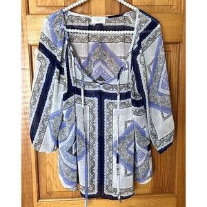 Everly Blouse M Blue Popover Lightweight Sheer Business Career Geometric Summer